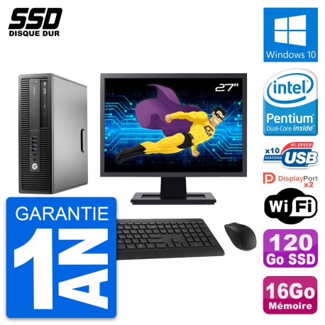 PC HP EliteDesk 800 G2 SFF Ecran 27" G4400 RAM 16Go SSD 120Go Windows 10 Wifi