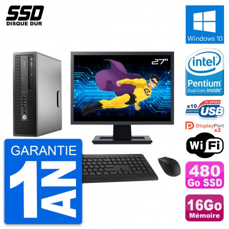 PC HP EliteDesk 800 G2 SFF Ecran 27" G4400 RAM 16Go SSD 480Go Windows 10 Wifi