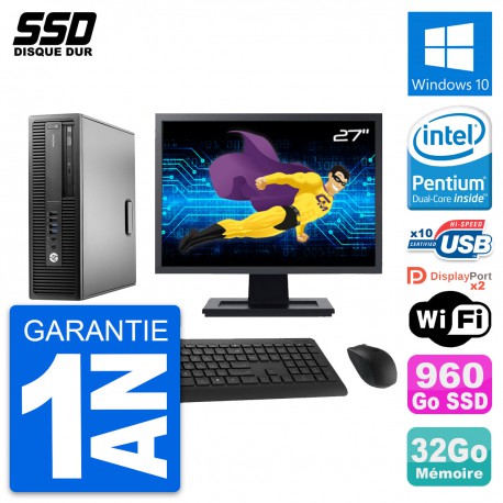 PC HP EliteDesk 800 G2 SFF Ecran 27" G4400 RAM 32Go SSD 960Go Windows 10 Wifi