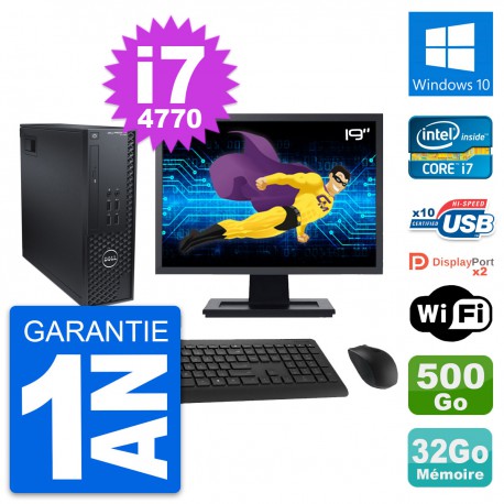 PC Dell T1700 SFF Ecran 19" Intel i7-4770 RAM 32Go Disque 500Go Windows 10 Wifi
