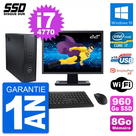 PC Dell T1700 SFF Ecran 22" Intel Core i7-4770 RAM 8Go SSD 960Go Windows 10 Wifi
