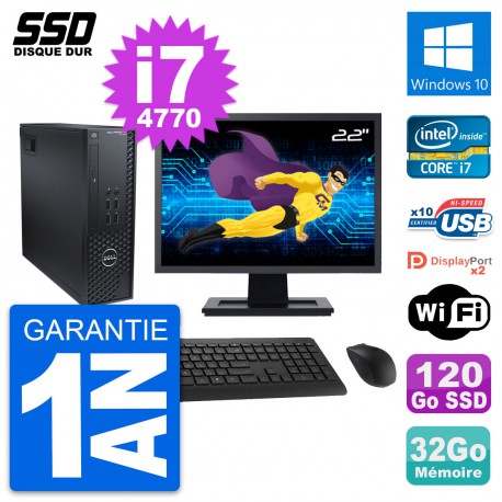 PC Dell T1700 SFF Ecran 22" Intel i7-4770 RAM 32Go SSD 120Go Windows 10 Wifi