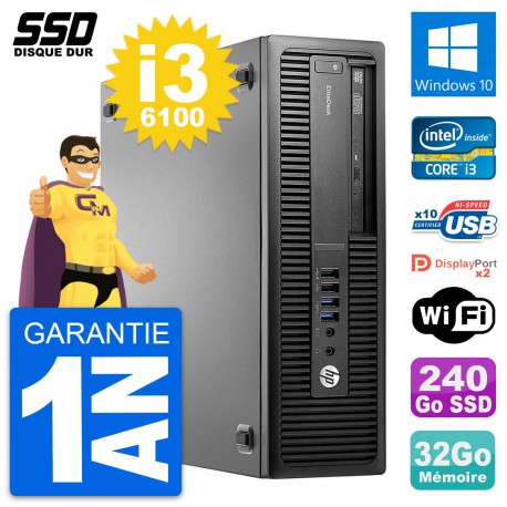 PC HP EliteDesk 800 G2 SFF Intel Core i3-6100 RAM 32Go SSD 240Go Windows 10 Wifi
