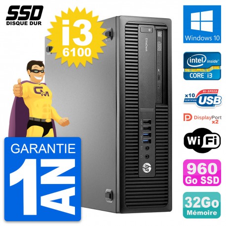 PC HP EliteDesk 800 G2 SFF Intel Core i3-6100 RAM 32Go SSD 960Go Windows 10 Wifi