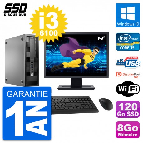 PC HP EliteDesk 800 G2 SFF Ecran 19" i3-6100 RAM 8Go SSD 120Go Windows 10 Wifi