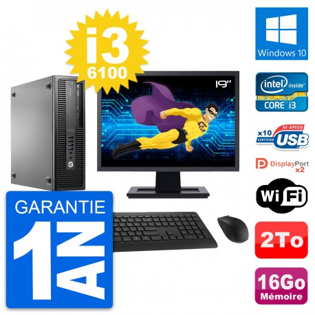 PC HP 800 G2 SFF Ecran 19" Intel i3-6100 RAM 16Go Disque 2To Windows 10 Wifi