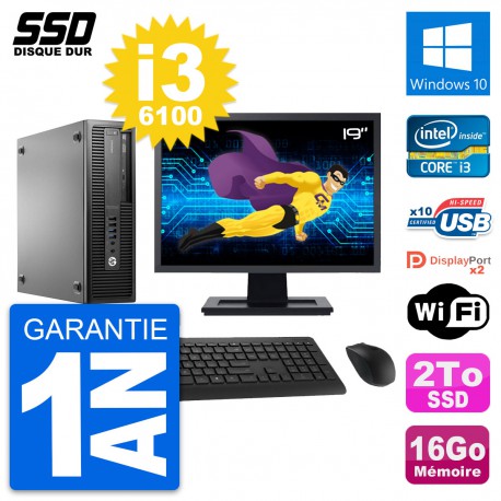 PC HP EliteDesk 800 G2 SFF Ecran 19" i3-6100 RAM 16Go SSD 2To Windows 10 Wifi