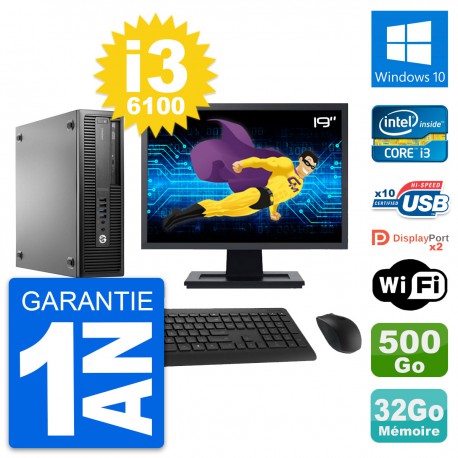 PC HP 800 G2 SFF Ecran 19" Intel i3-6100 RAM 32Go Disque 500Go Windows 10 Wifi