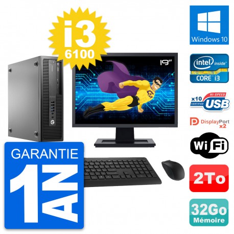PC HP 800 G2 SFF Ecran 19" Intel i3-6100 RAM 32Go Disque 2To Windows 10 Wifi