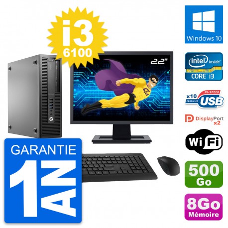 PC HP 800 G2 SFF Ecran 22" Intel i3-6100 RAM 8Go Disque 500Go Windows 10 Wifi