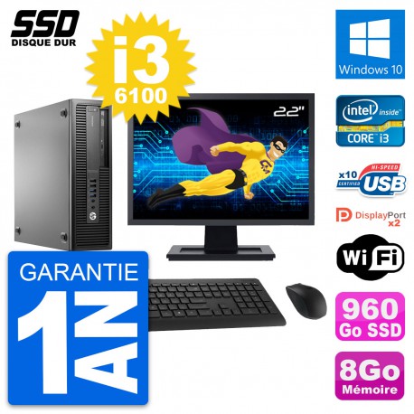 PC HP EliteDesk 800 G2 SFF Ecran 22" i3-6100 RAM 8Go SSD 960Go Windows 10 Wifi