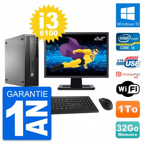 PC HP 800 G2 SFF Ecran 22" Intel i3-6100 RAM 32Go Disque 1To Windows 10 Wifi