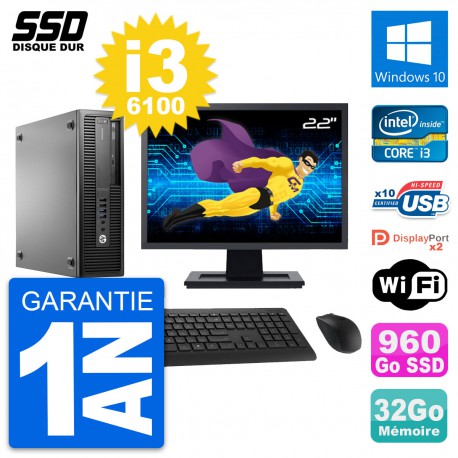 PC HP EliteDesk 800 G2 SFF Ecran 22" i3-6100 RAM 32Go SSD 960Go Windows 10 Wifi