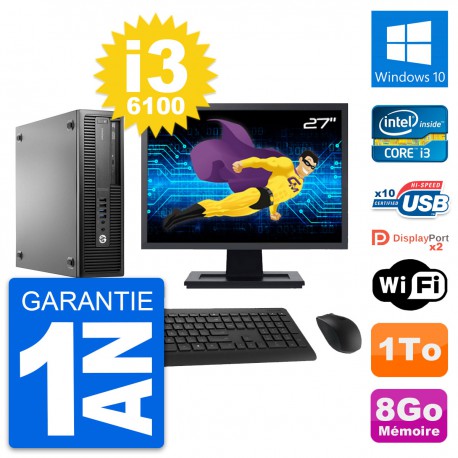 PC HP EliteDesk 800 G2 SFF Ecran 27" i3-6100 RAM 8Go Disque 1To Windows 10 Wifi