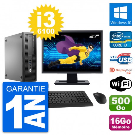 PC HP 800 G2 SFF Ecran 27" Intel i3-6100 RAM 16Go Disque 500Go Windows 10 Wifi