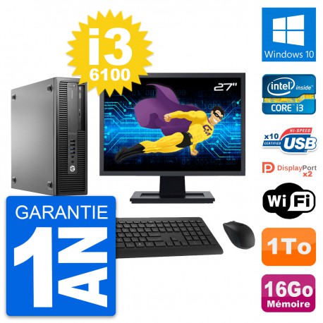 PC HP 800 G2 SFF Ecran 27" Intel i3-6100 RAM 16Go Disque 1To Windows 10 Wifi