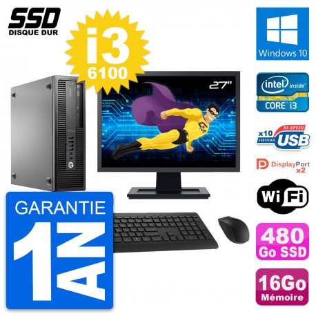 PC HP EliteDesk 800 G2 SFF Ecran 27" i3-6100 RAM 16Go SSD 480Go Windows 10 Wifi