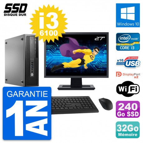 PC HP EliteDesk 800 G2 SFF Ecran 27" i3-6100 RAM 32Go SSD 240Go Windows 10 Wifi
