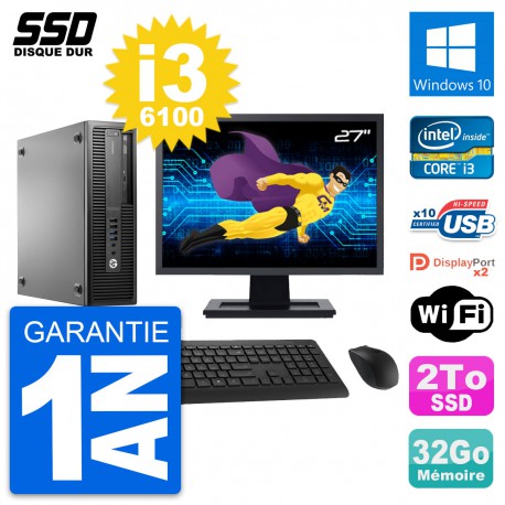 PC HP EliteDesk 800 G2 SFF Ecran 27" i3-6100 RAM 32Go SSD 2To Windows 10 Wifi