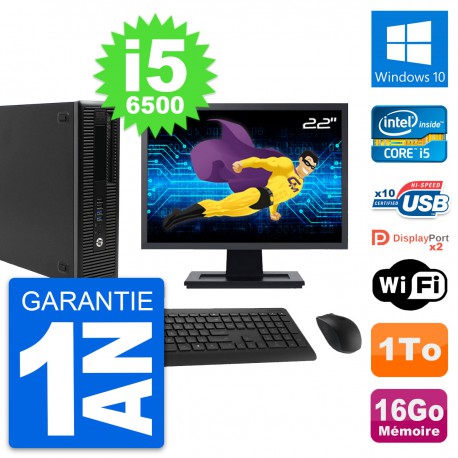 PC HP 800 G2 SFF Ecran 22" Intel i5-6500 RAM 16Go Disque 1To Windows 10 Wifi