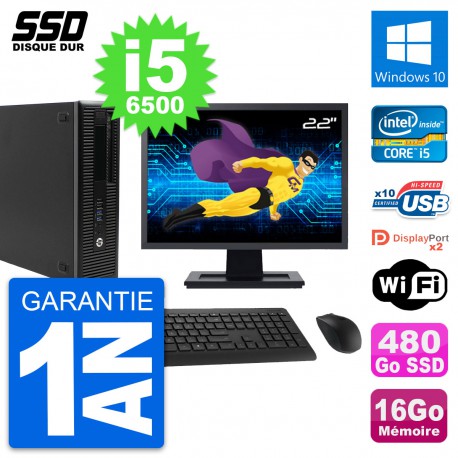 PC HP EliteDesk 800 G2 SFF Ecran 22" i5-6500 RAM 16Go SSD 480Go Windows 10 Wifi