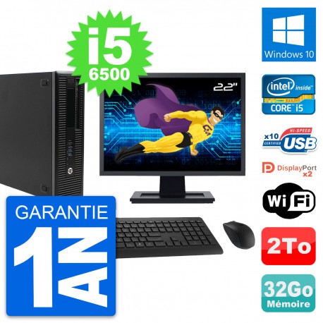 PC HP 800 G2 SFF Ecran 22" Intel i5-6500 RAM 32Go Disque 2To Windows 10 Wifi