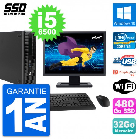 PC HP EliteDesk 800 G2 SFF Ecran 22" i5-6500 RAM 32Go SSD 480Go Windows 10 Wifi