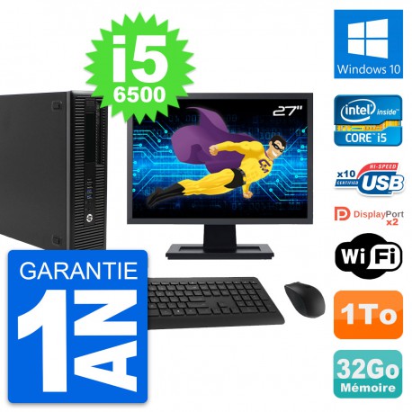 PC HP 800 G2 SFF Ecran 27" Intel i5-6500 RAM 32Go Disque 1To Windows 10 Wifi