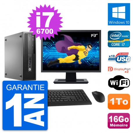 PC HP 800 G2 SFF Ecran 19" Intel i7-6700 RAM 16Go Disque 1To Windows 10 Wifi