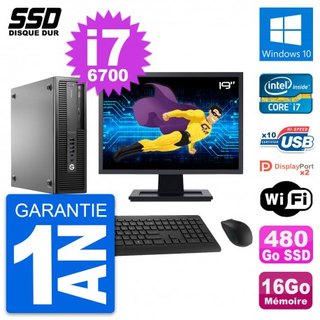 PC HP EliteDesk 800 G2 SFF Ecran 19" i7-6700 RAM 16Go SSD 480Go Windows 10 Wifi