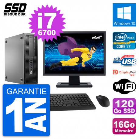 PC HP EliteDesk 800 G2 SFF Ecran 22" i7-6700 RAM 16Go SSD 120Go Windows 10 Wifi