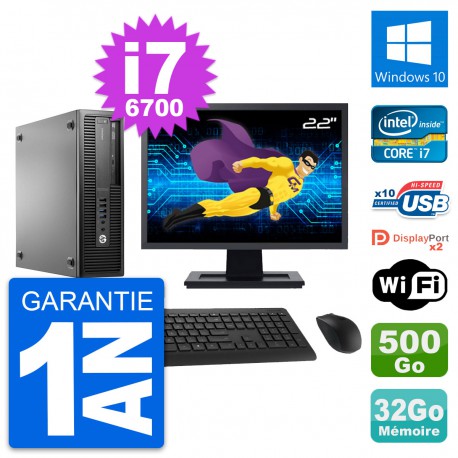 PC HP 800 G2 SFF Ecran 22" Intel i7-6700 RAM 32Go Disque 500Go Windows 10 Wifi