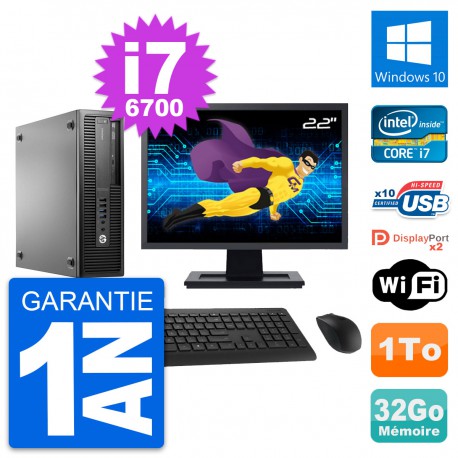 PC HP 800 G2 SFF Ecran 22" Intel i7-6700 RAM 32Go Disque 1To Windows 10 Wifi