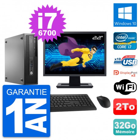 PC HP 800 G2 SFF Ecran 22" Intel i7-6700 RAM 32Go Disque 2To Windows 10 Wifi