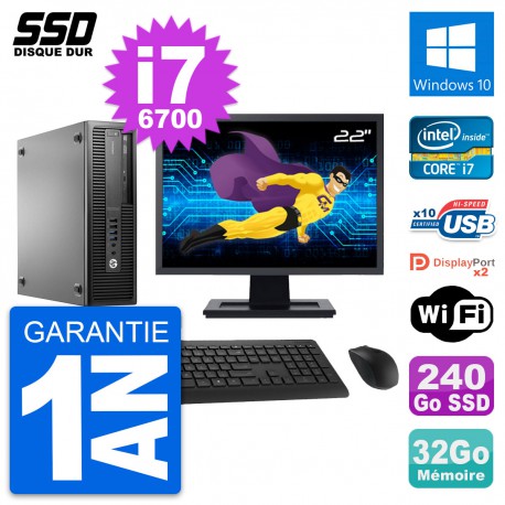 PC HP EliteDesk 800 G2 SFF Ecran 22" i7-6700 RAM 32Go SSD 240Go Windows 10 Wifi