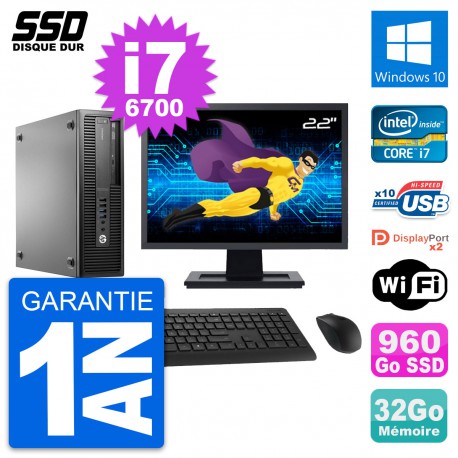 PC HP EliteDesk 800 G2 SFF Ecran 22" i7-6700 RAM 32Go SSD 960Go Windows 10 Wifi