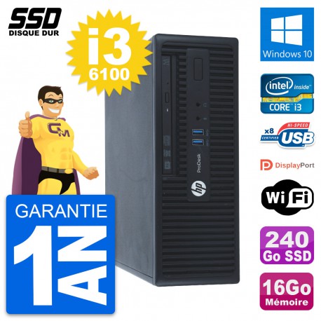 PC HP ProDesk 400 G3 SFF Intel Core i3-6100 RAM 16Go SSD 240Go Windows 10 Wifi