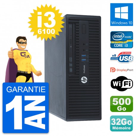 PC HP ProDesk 400 G3 SFF Intel i3-6100 RAM 32Go Disque 500Go Windows 10 Wifi