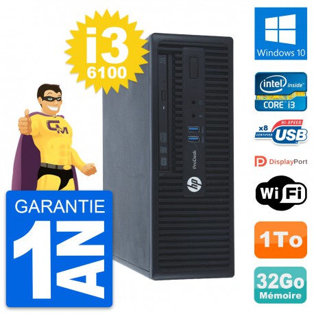 PC HP ProDesk 400 G3 SFF Intel Core i3-6100 RAM 32Go Disque 1To Windows 10 Wifi