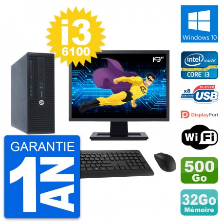PC HP 400 G3 SFF Ecran 19" Intel i3-6100 RAM 32Go Disque 500Go Windows 10 Wifi