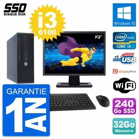 PC HP ProDesk 400 G3 SFF Ecran 19" i3-6100 RAM 32Go SSD 240Go Windows 10 Wifi