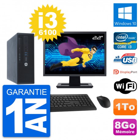 PC HP ProDesk 400 G3 SFF Ecran 22" i3-6100 RAM 8Go Disque 1To Windows 10 Wifi