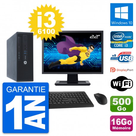 PC HP 400 G3 SFF Ecran 22" Intel i3-6100 RAM 16Go Disque 500Go Windows 10 Wifi
