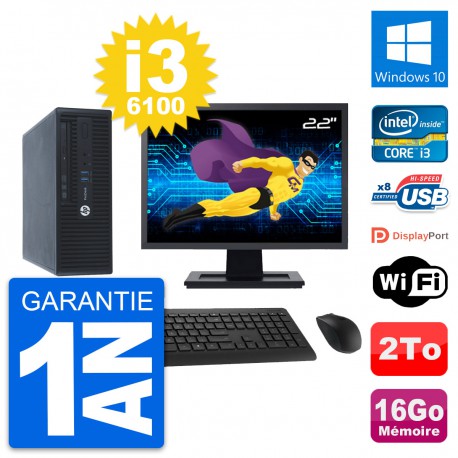 PC HP 400 G3 SFF Ecran 22" Intel i3-6100 RAM 16Go Disque 2To Windows 10 Wifi