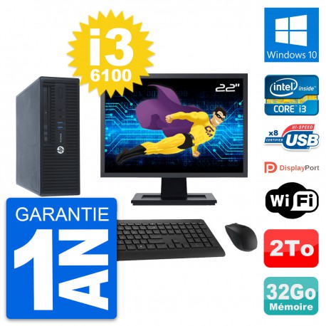 PC HP 400 G3 SFF Ecran 22" Intel i3-6100 RAM 32Go Disque 2To Windows 10 Wifi
