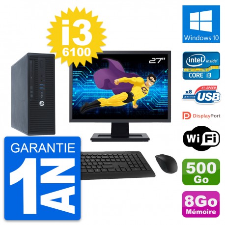 PC HP 400 G3 SFF Ecran 27" Intel i3-6100 RAM 8Go Disque 500Go Windows 10 Wifi