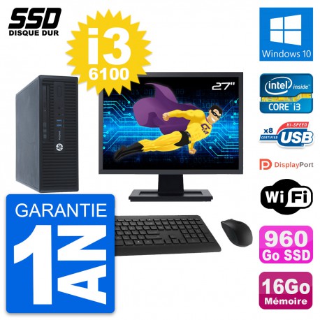 PC HP ProDesk 400 G3 SFF Ecran 27" i3-6100 RAM 16Go SSD 960Go Windows 10 Wifi