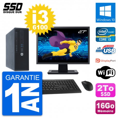 PC HP ProDesk 400 G3 SFF Ecran 27" Core i3-6100 RAM 16Go SSD 2To Windows 10 Wifi
