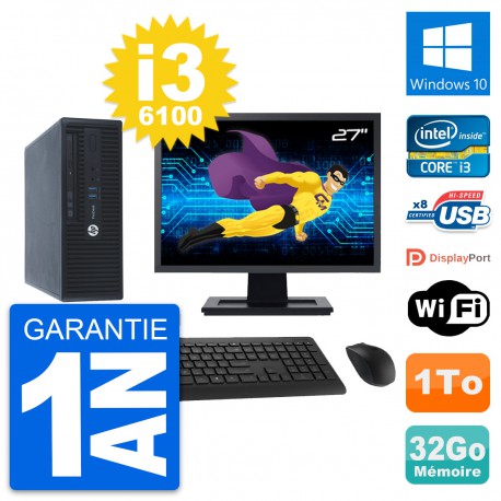 PC HP 400 G3 SFF Ecran 27" Intel i3-6100 RAM 32Go Disque 1To Windows 10 Wifi