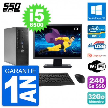PC HP ProDesk 400 G3 SFF Ecran 19" i5-6500 RAM 32Go SSD 240Go Windows 10 Wifi